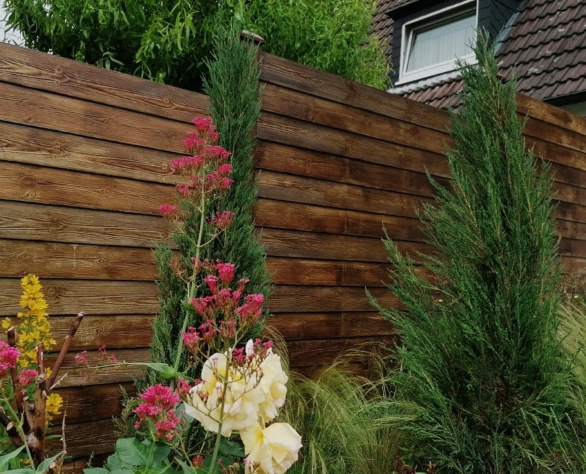 Betonzaun Holzoptik Betonzaun in Holzoptik. Eine lasur in farbe Nussbaum wurde dafü benutzt. Es gibt auch viele heimischen Pflanzen in rosa und gelb